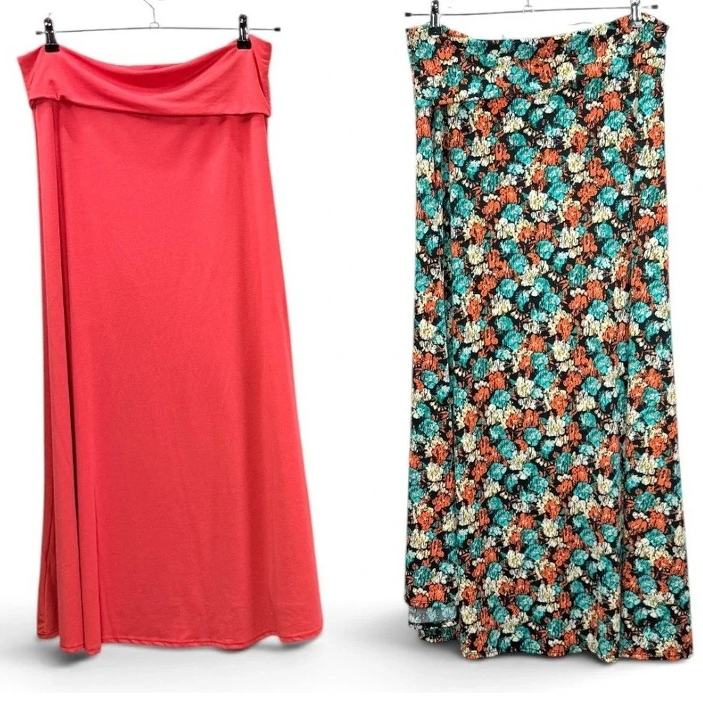 LuLaRoe Maxi Skirt Women XL Salmon Floral Boho Stretch Yoga Foldover Waist Lot/2